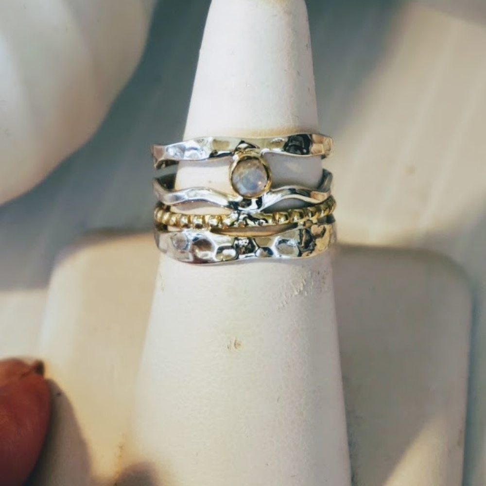 Moonstone, Gold and Silver "stacked" Ring